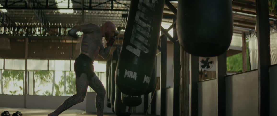 A heavily tattooed fighter intensely trains with powerful punches and kicks on a heavy bag in a sunlit gym, captured in dramatic slow motion