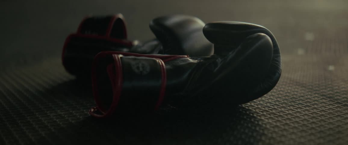 A pair of black and red boxing gloves rests on a gym mat in the moody, atmospheric light