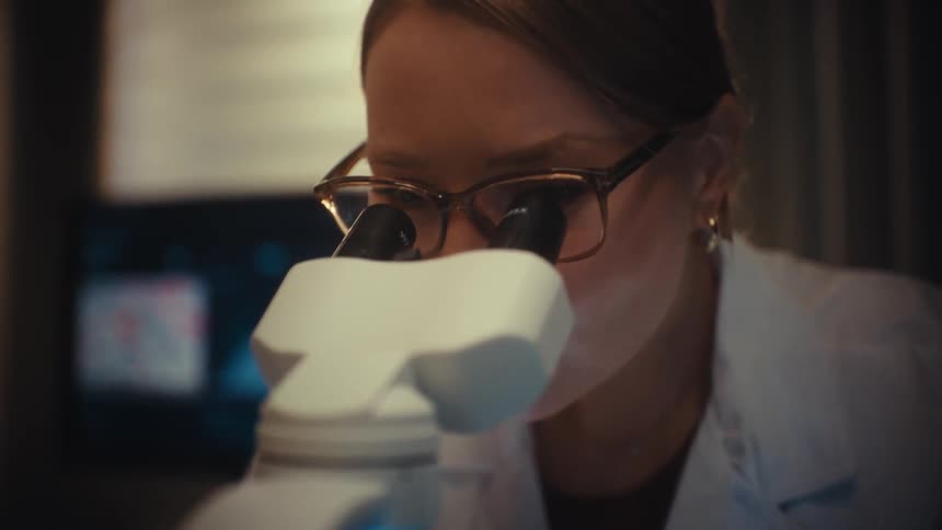 A dedicated female scientist wearing glasses looks intently into a microscope while working in a dark laboratory
