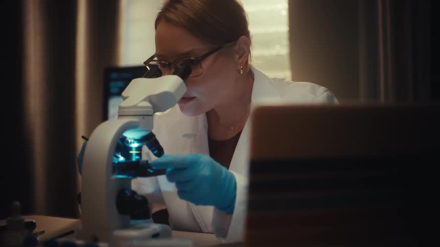 A focused female scientist in a lab coat and gloves meticulously examines a sample through a microscope in a dimly lit laboratory