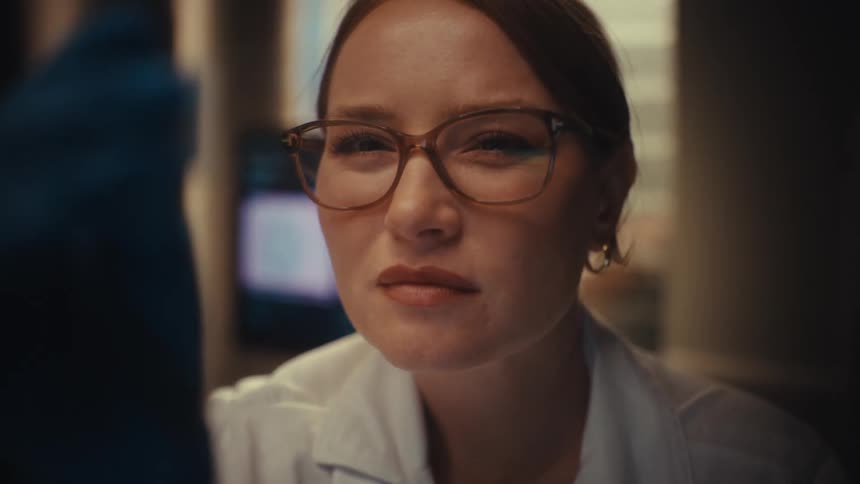 Intense close-up of a female scientist in glasses, concentrating on a sample in a dimly lit laboratory