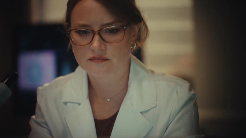 A slow rack focus reveals a female scientist with glasses concentrating intently on her work in a dimly lit laboratory