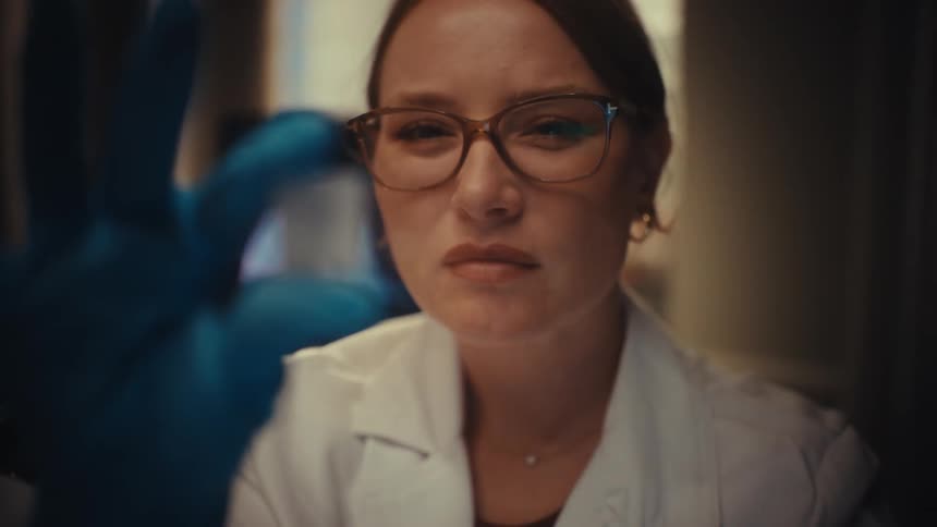 A close-up rack focus shot reveals a female scientist with glasses seriously examining a specimen on a glass slide in a laboratory