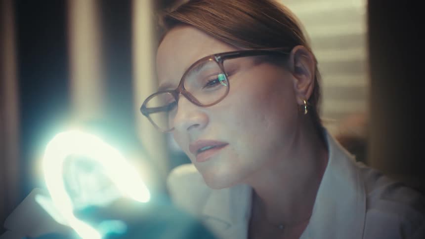 Intense close-up of a female researcher with glasses concentrating on her work with a powerful microscope
