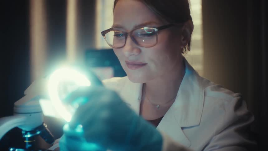 A female scientist in a lab coat smiles with satisfaction as she holds a petri dish up to the light of her microscope in a dimly lit laboratory