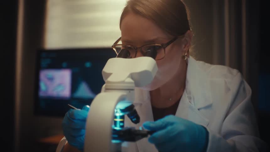 A female scientist in a lab coat carefully examines a specimen through a microscope in a dimly lit laboratory