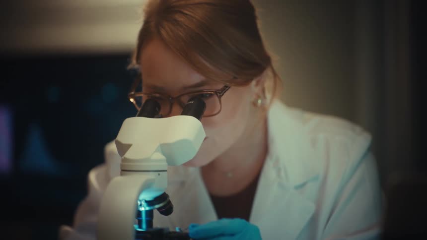 Female scientist in a lab coat smiles with satisfaction after looking through a microscope and analyzing data on her computer in a dark lab