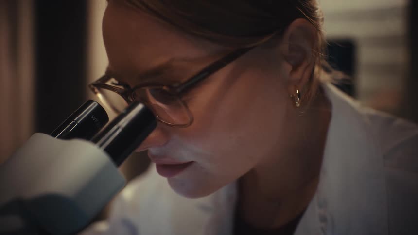 A focused female scientist in glasses and a lab coat intently examines a sample through a microscope in a dimly lit lab