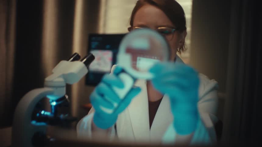 A dedicated female scientist in a white lab coat meticulously examines a specimen in a petri dish with a magnifying glass in a dimly lit laboratory