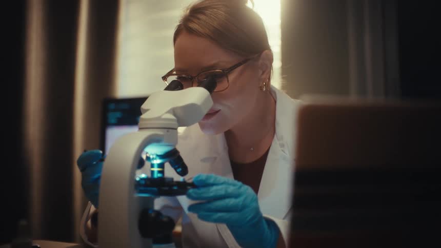 Focused female medical researcher in a lab coat looks into a microscope to study a sample in a modern laboratory