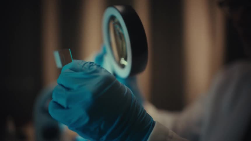 A female scientist in a dark lab carefully examines a microscope slide with a lighted magnifying glass