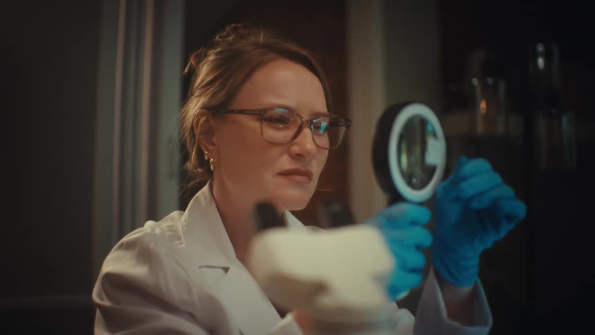 A female scientist in a lab coat and glasses carefully examines a specimen with a lit magnifying glass