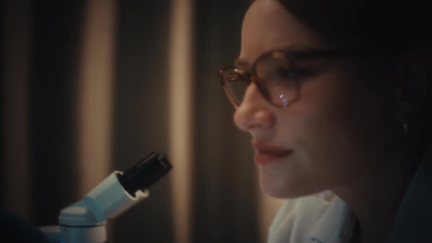 Close-up of a dedicated female researcher analyzing evidence with a magnifying glass in a dark laboratory