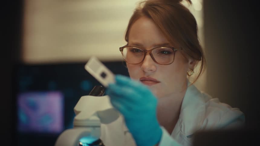 A focused female scientist in a lab coat and gloves closely examines a microscope slide in a dimly lit laboratory