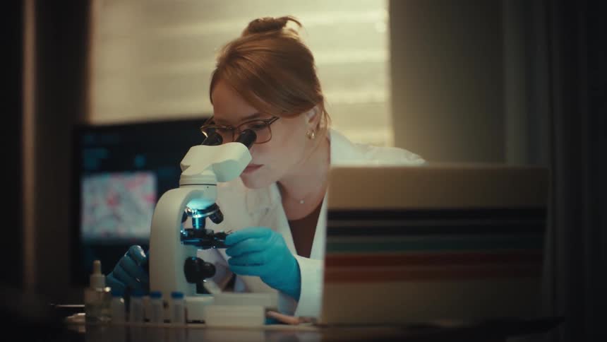 A female scientist in a lab coat diligently works in a laboratory, examining a sample through a microscope