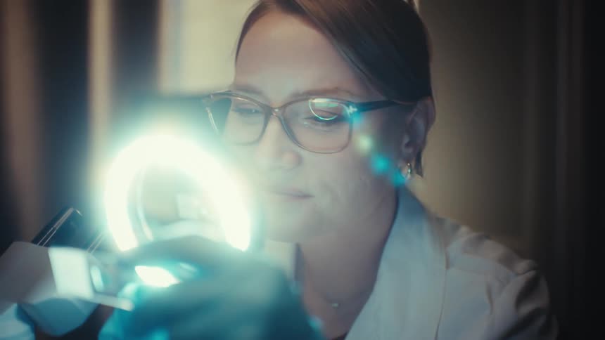 A focused female scientist in glasses and a lab coat examines a sample under a microscope in a dark laboratory