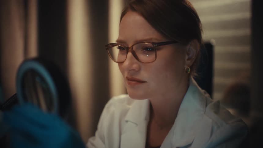 A dedicated female scientist in a lab coat and glasses closely examines a specimen under a magnifying light in a dark laboratory