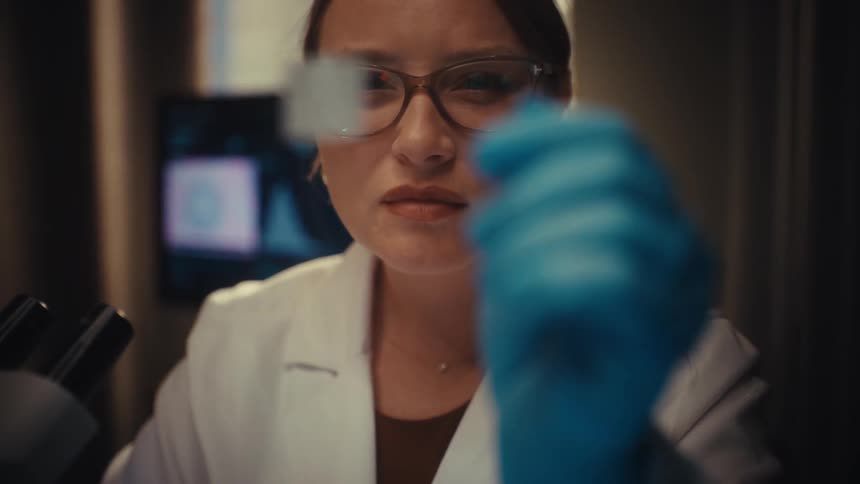 A focused female scientist wearing a lab coat and gloves examines a glass microscope slide in a modern laboratory