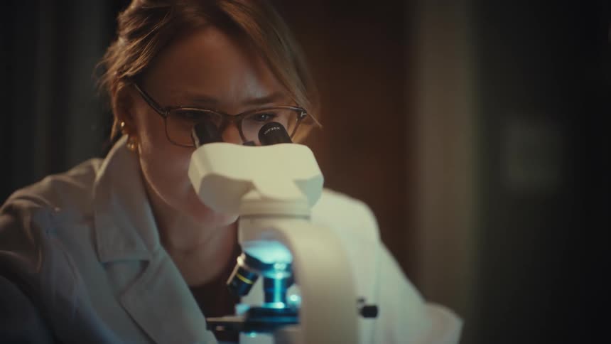 Rack focus from a laptop to a female scientist looking into a microscope in a laboratory