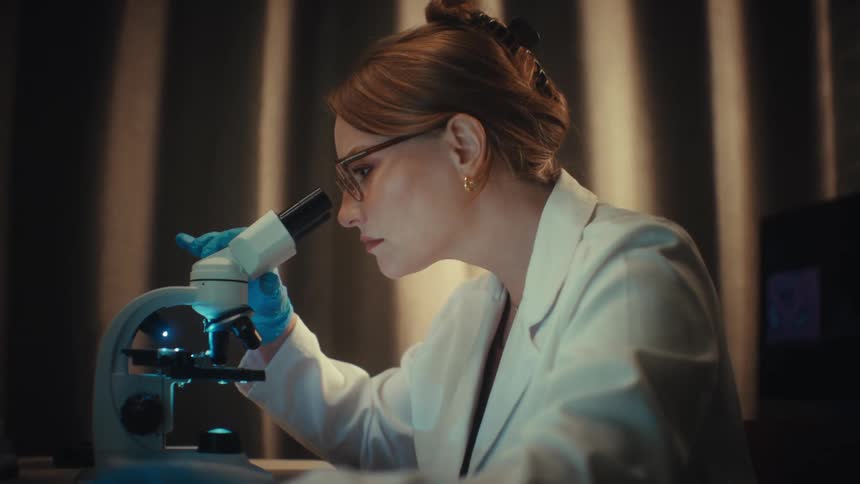 A focused female scientist in a lab coat and gloves works with a microscope and laptop in a dimly lit laboratory at night