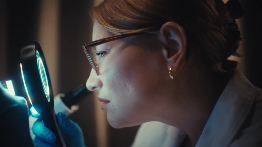 Close-up of a female scientist intently examining a specimen with a lighted magnifying glass in a dark lab