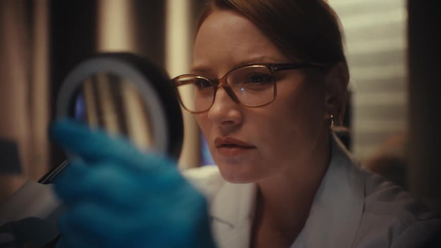 A focused female scientist in a lab coat and gloves meticulously examines a sample through a magnifying lamp
