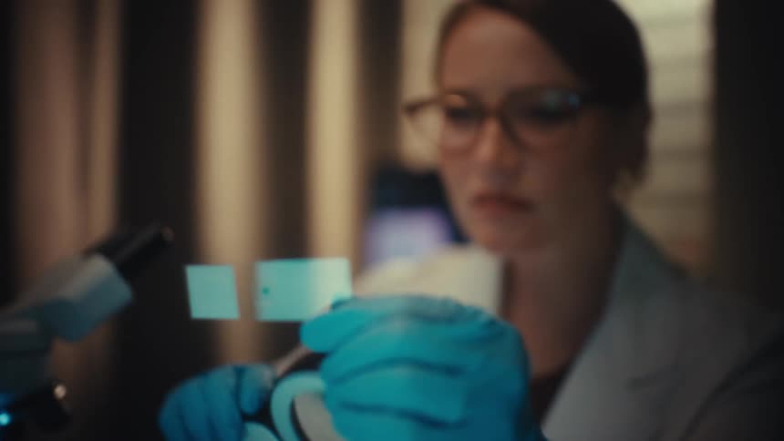 A female scientist in a dark lab intently examines a specimen on a glass slide with a lighted magnifying glass
