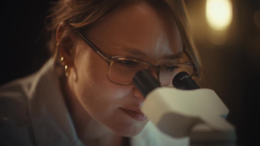 Intense close-up shot of a woman scientist meticulously examining samples under a microscope in a low-light lab