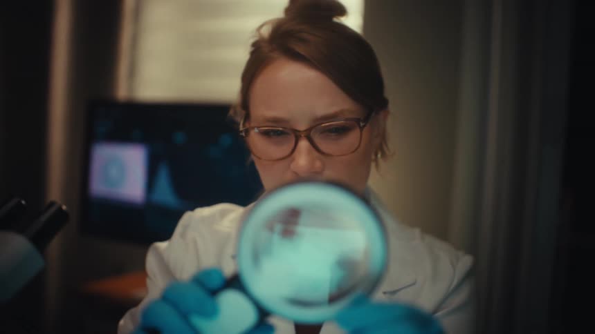 A focused female scientist in a dimly lit lab uses a magnifying glass to closely examine a scientific sample