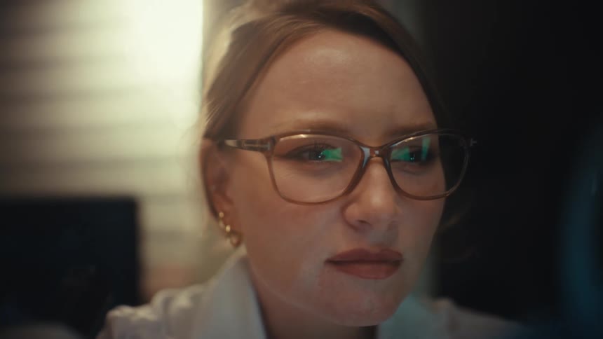 Close-up of a focused female researcher in a lab coat and glasses examining a specimen with a lit magnifying glass