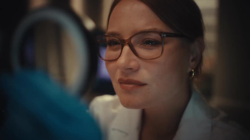A close-up shot of a female scientist in a lab coat and glasses carefully examining a sample with a look of discovery and satisfaction