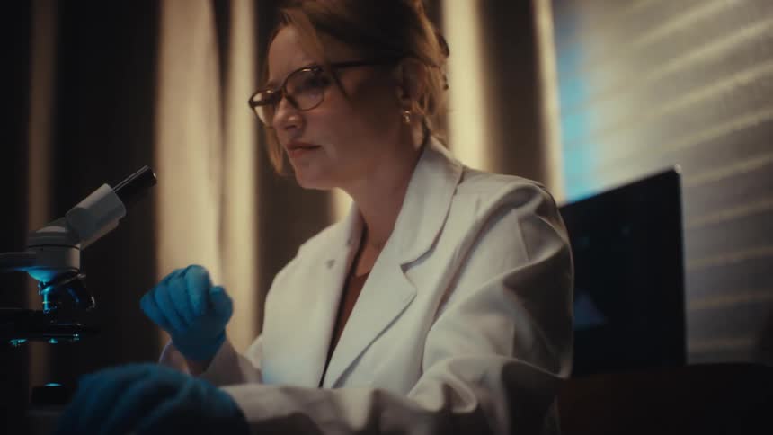 A focused female scientist in a lab coat analyzes a sample through a microscope in a dimly lit laboratory