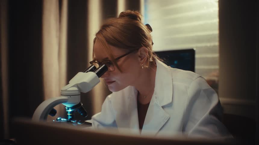 A dedicated female scientist in a white lab coat uses a microscope for research in a dimly lit laboratory at night