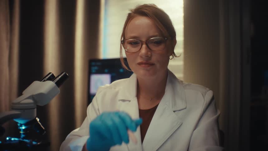 Close up of a dedicated female scientist in a lab coat, smiling after a successful breakthrough in her research