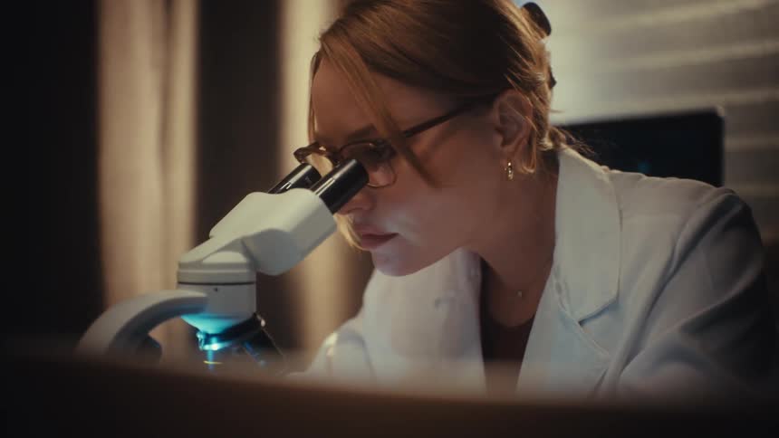 A focused female scientist in a lab coat intently studies a specimen through a microscope in a dimly lit laboratory