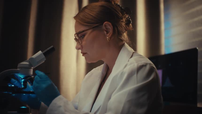 Focused female scientist meticulously prepares a slide for analysis under a microscope in a dimly lit laboratory