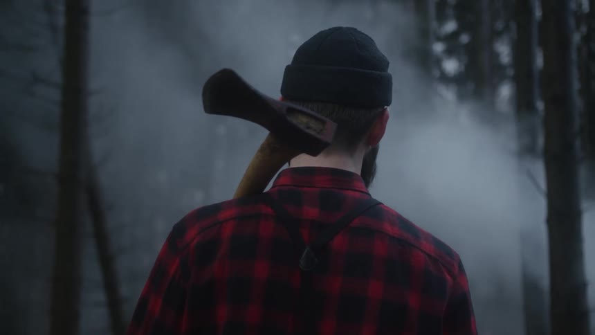 A bearded lumberjack with an axe stands in a moody, foggy forest