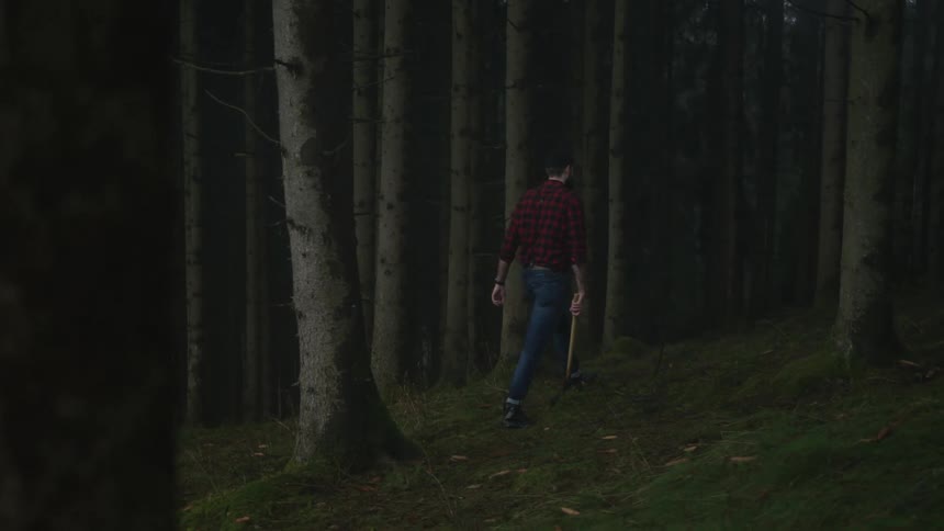 A lumberjack carrying an axe walks up a mossy hill in a dark and foggy forest