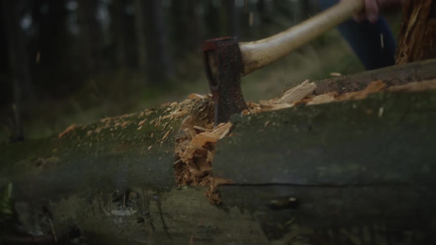 Slow motion close-up of an axe repeatedly striking a fallen tree trunk in a dark forest, sending wood chips flying