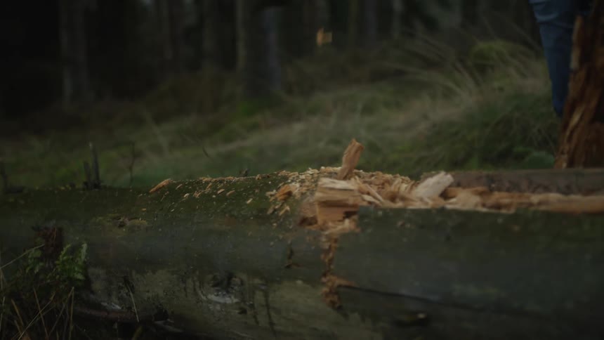 A lumberjack powerfully chops a fallen log with an axe as wood splinters fly in dramatic slow motion