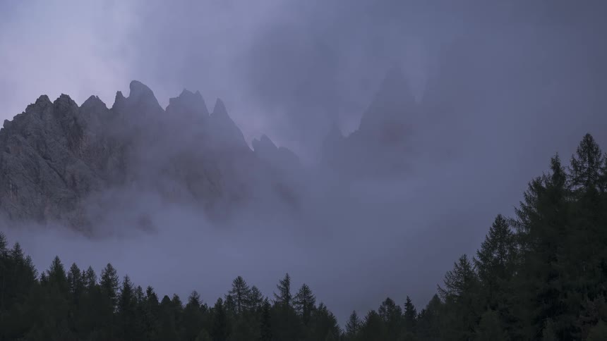Dramatic timelapse of moody clouds and fog rolling in to completely cover jagged mountain peaks above a pine forest