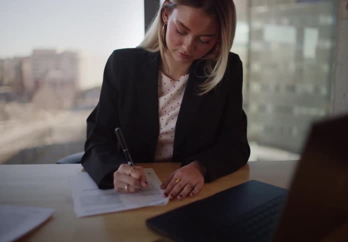 A focused young businesswoman signs important documents at her desk in a modern office with a bright city view