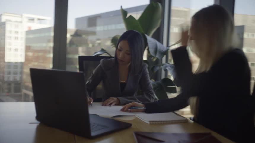Two diverse young businesswomen collaborate in a modern office, reviewing documents and taking notes during a meeting