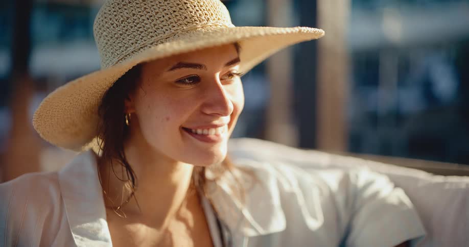 A beautiful young woman in a straw hat smiles as she relaxes in the warm glow of the setting sun