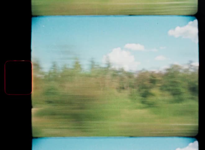 A vertical, abstract shot of a fast-moving landscape of trees and sky, captured on grainy vintage film