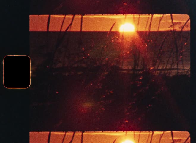 An authentic vintage film strip captures a dreamy, split-frame view of a golden sunset over the ocean through silhouetted beach grass