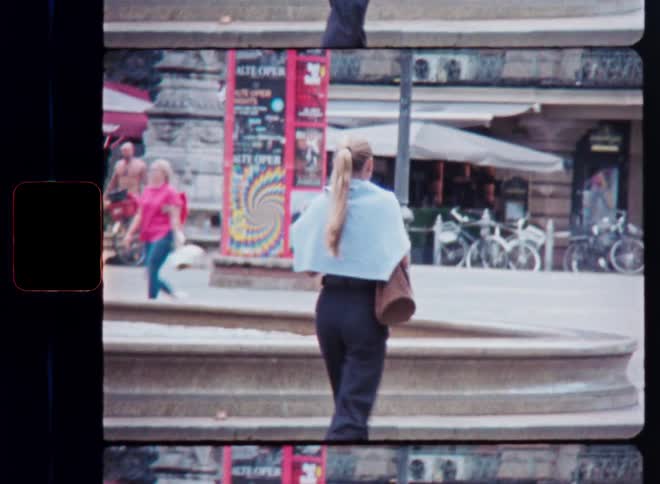 Vintage multi-frame film shot of a woman with a blonde ponytail standing by a fountain in a city square