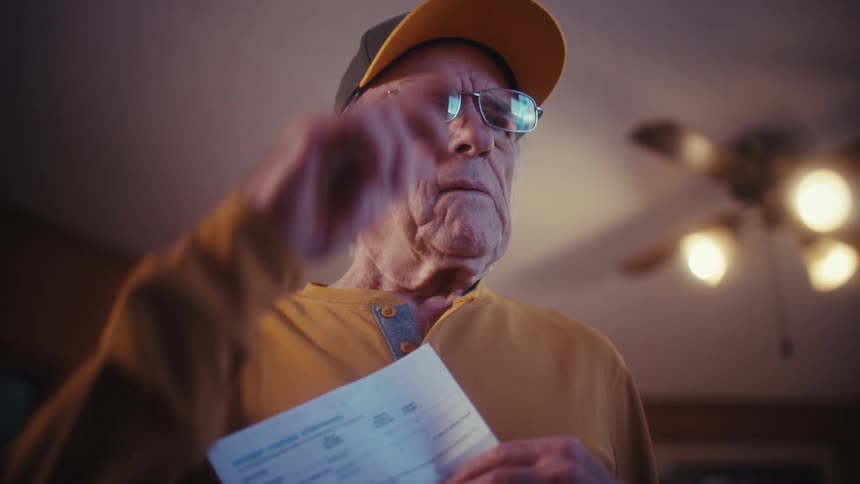A concerned elderly man in a hat and glasses looks worriedly at a bill before taking off his glasses in disbelief