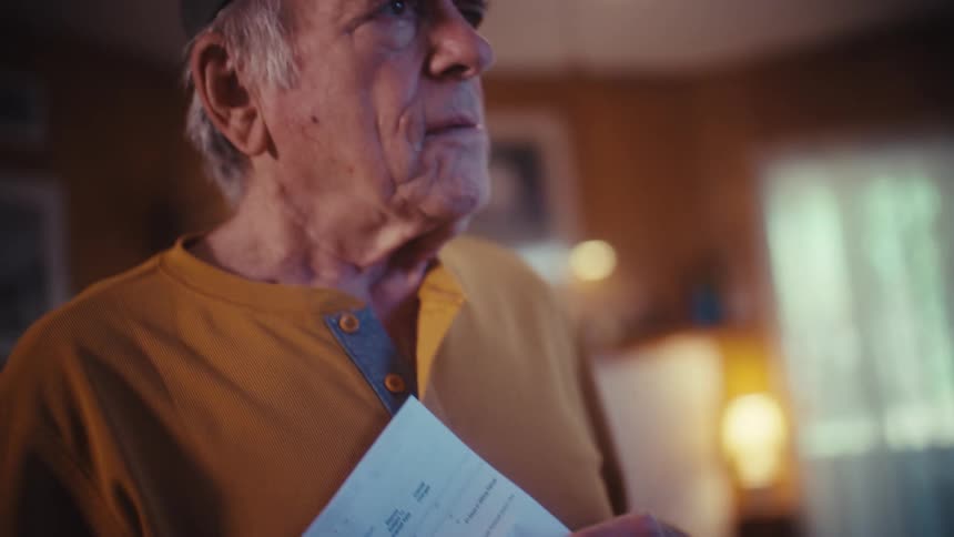 An elderly man wearing a baseball cap looks worried and stressed while reviewing his financial bills and interest charges in his home