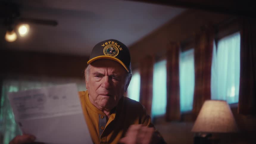 A worried elderly veteran in a cap reviews his bills and finances on a laptop, becoming stressed and overwhelmed at home